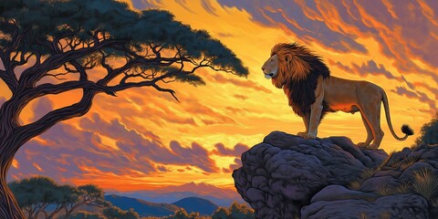 Wall Mural - Lion is standing on a rock in front of a tree