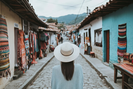A woman in a wide-brimmed hat surveys a bustling artisan street market, embodying exploration and cultural richness in a vibrant setting filled with colorful textiles.
