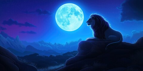 Wall Mural - Lion is sitting on a rock in front of a large blue moon
