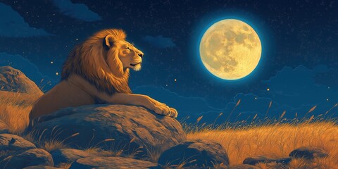 Wall Mural - Lion is laying on a rock in front of a full moon