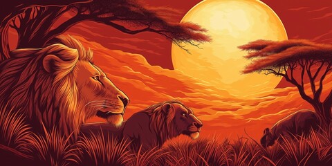 Wall Mural - Lion is standing in front of a tree with a sunset in the background