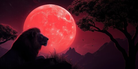 Wall Mural - Lion is sitting on a rock in front of a red moon