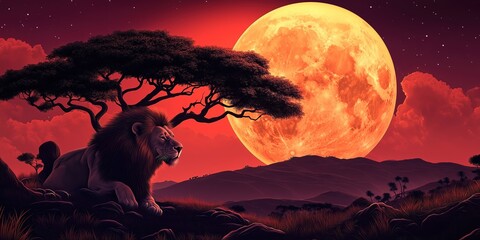 Wall Mural - Lion is laying in the grass next to a large red moon
