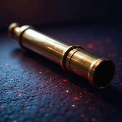 Gold and bronze telescope lying on a darkened astronomy floor, planetarium, telescope, stars