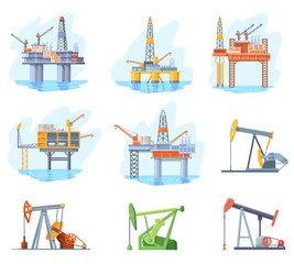 Cartoon oil rig. Oils well extraction offshore platform and drilling station, petrochemical business industrial machine fossil exploration petrol extract, neat vector illustration