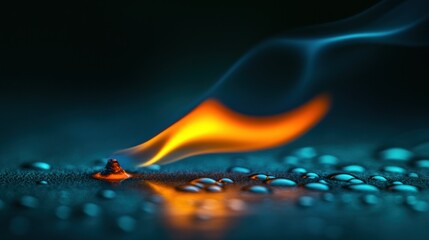 Sticker - Fiery wick burning, smoke trails, dark background, water droplets, energy concept