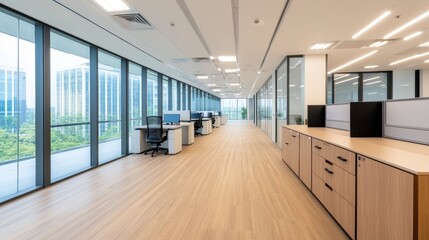 Wall Mural - Modern office interior with wooden flooring, desks, and large windows overlooking a cityscape