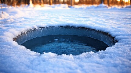 Canvas Print - Frozen lake hole winter ice fishing snowy forest