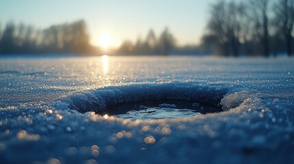 Poster - Frozen lake hole winter sunrise landscape background