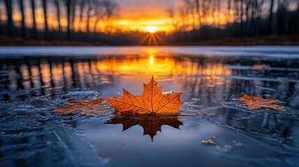 Poster - Frozen lake sunset, maple leaf, winter, reflection, serenity, nature, calm, postcard