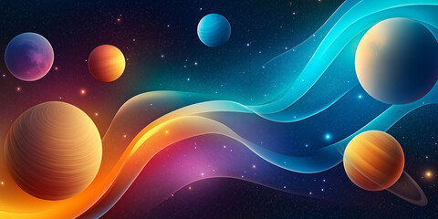 Poster - Colorful energy waves flowing through planets and stars in deep space