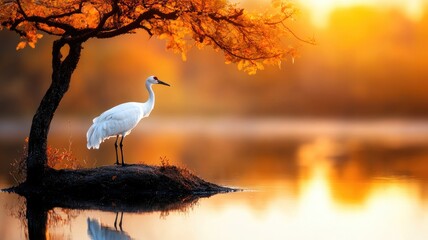 Wall Mural - white crane standing by tranquil lake during autumn sunset