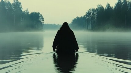 Wall Mural - Silhouette of a person wading through a misty lake, surrounded by a tranquil forest. Eerie and serene.