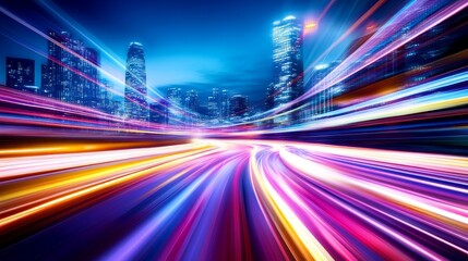 Wall Mural - Vibrant cityscape at night with dynamic light trails from vehicles amidst skyscrapers and urban life