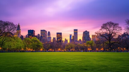 Wall Mural - vibrant sunset over a city skyline with lush green park in the foreground and glowing light