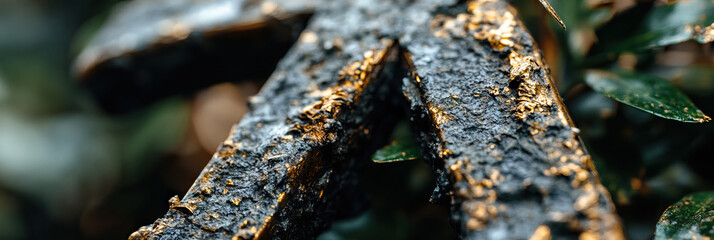 Wall Mural - Close-up of Gold-Accented Dark Gray Object Amidst Green Foliage