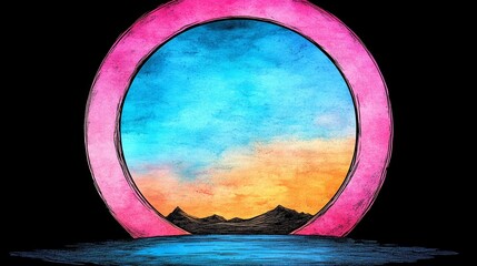 Wall Mural - A vibrant circular frame showcases a dreamy sunset over a serene landscape.  Pink, blue, and orange hues create a magical atmosphere.