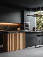 Wall Mural - Dark and black modern kitchen with large kitchen  wooden slats