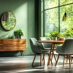 Wall Mural - Mint color chairs wooden dining table in room with sofa and cabinet near green wall living room