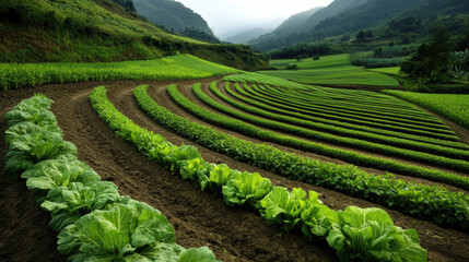 Canvas Print - Fertile farmland filled with rows of vegetables and grains, a vibrant landscape