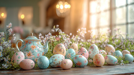 Wall Mural - Pastel Easter eggs and teapot on table with flowers by sunny window