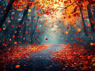 Wall Mural - serene autumn path winding through vibrant forest carpeted in glowing red and yellow leaves