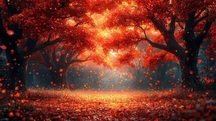 Wall Mural - mystical autumn forest at dawn with glowing mist and radiant falling leaves