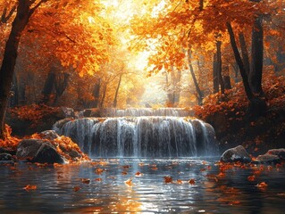 Canvas Print - Vibrant Autumn Forest Waterfall Surrounded by Fiery Foliage and Cascading Leaves