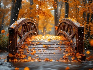 Poster - Rustic Wooden Bridge Over Autumn Forest Stream With Vibrant Falling Leaves