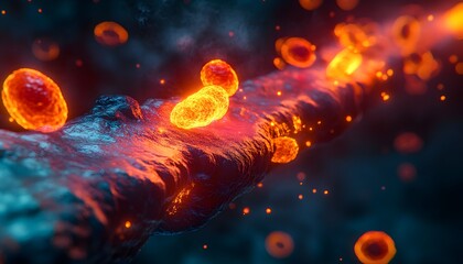 Poster - Abstract representation of glowing cells in a dark microscopic environment