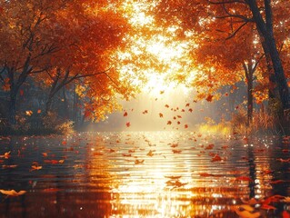 Wall Mural - serene autumn forest river with glowing reflections and vibrant falling leaves