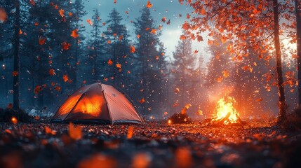 Poster - Cozy Autumn Campfire in a Vibrant Forest Illuminated by Falling Leaves