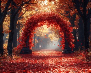 Poster - Mystical Autumn Forest Path Leading to Glowing Stone Arch