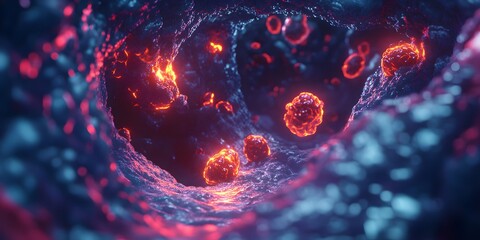 Poster - Inner View of a Glowing Abstract Fluid with Bubbles and Light Effects