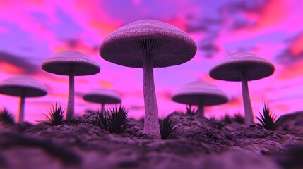 Wall Mural - Surreal purple mushrooms under a vibrant sunset.  A dreamy, fantasy landscape.