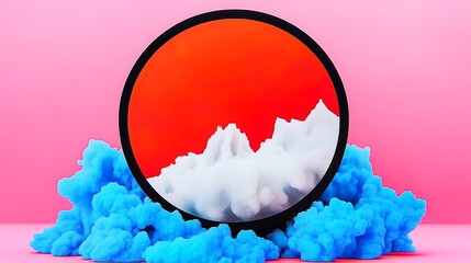 Sticker - Vibrant abstract art featuring a circular frame with a red and white landscape, set against bright blue and pink smoke.