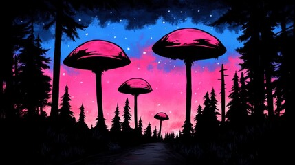 Canvas Print - Surreal artwork of giant glowing pink mushrooms in a dark forest at sunset.  A mystical, dreamlike scene.