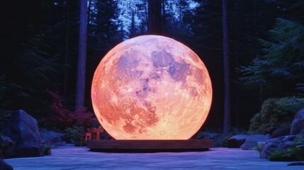 Poster - Giant illuminated moon sculpture in a serene forest setting. A mesmerizing display of warm light against the dark trees.