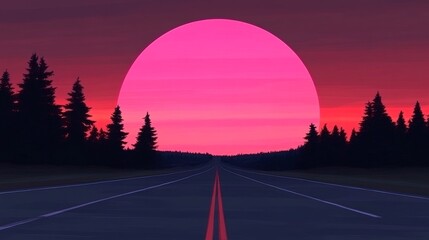 Wall Mural - Open road ahead at sunset. Pink and purple hues paint the sky as the sun sets behind a line of trees.