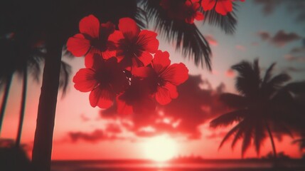 Poster - Red hibiscus flowers in silhouette against a vibrant sunset over a tropical beach. Warm, romantic mood.