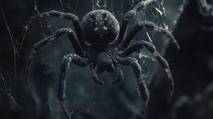 Close-up of a spider in its web; a creepy crawly in the dark
