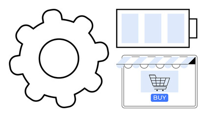 Gear symbol next to a shopping cart interface with buy button and awning. Ideal for e-commerce, online retail, digital marketing, website design, consumer behavior, tech support, and app development