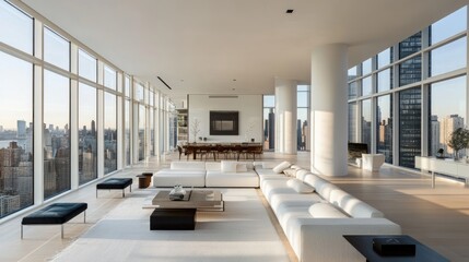 Wall Mural - Spacious minimalist living space with floor-to-ceiling windows, light neutral tones, and a seamless open layout