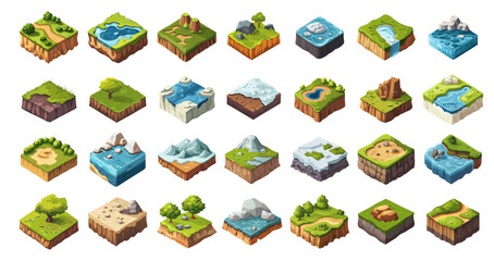 isometric terrain. game landscapes mountain forest road lake river rock snow, game land tile set vec