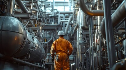Aufkleber - Interior view of an industrial factory with large metal storage tanks extensive pipeline systems