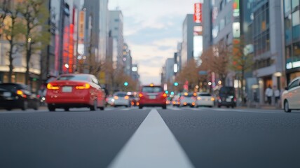 Naklejka na meble A bustling city street scene featuring cars, colorful signage, and a vibrant urban atmosphere during twilight.