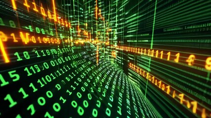Wall Mural - flowing streams of green and orange binary code create a dynamic cyberspace tunnel visualization, ex