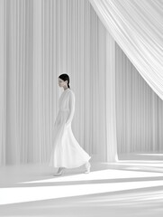 Fototapete - Monochromatic runway showcasing minimalist design with clean lines and soft lighting featuring a model in an elegant white dress. Generative AI