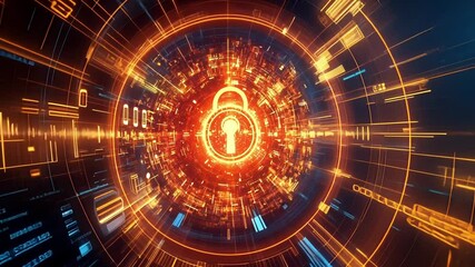 Wall Mural - glowing orange keyhole illuminating the center of a futuristic cyberspace tunnel, representing the v