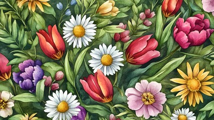 Wall Mural - Watercolor Painting of Vibrant Spring Flowers